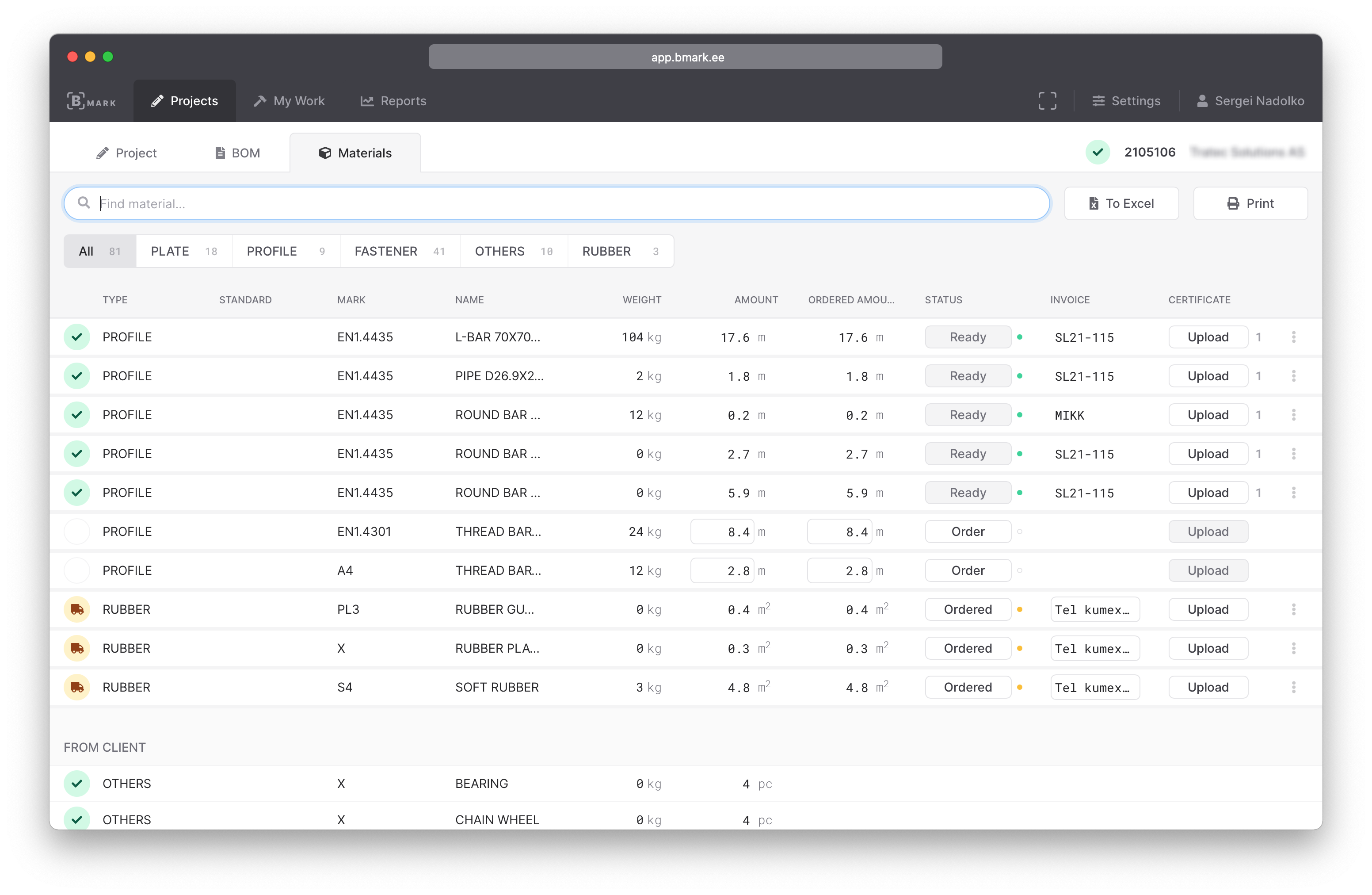 Automatic material totals